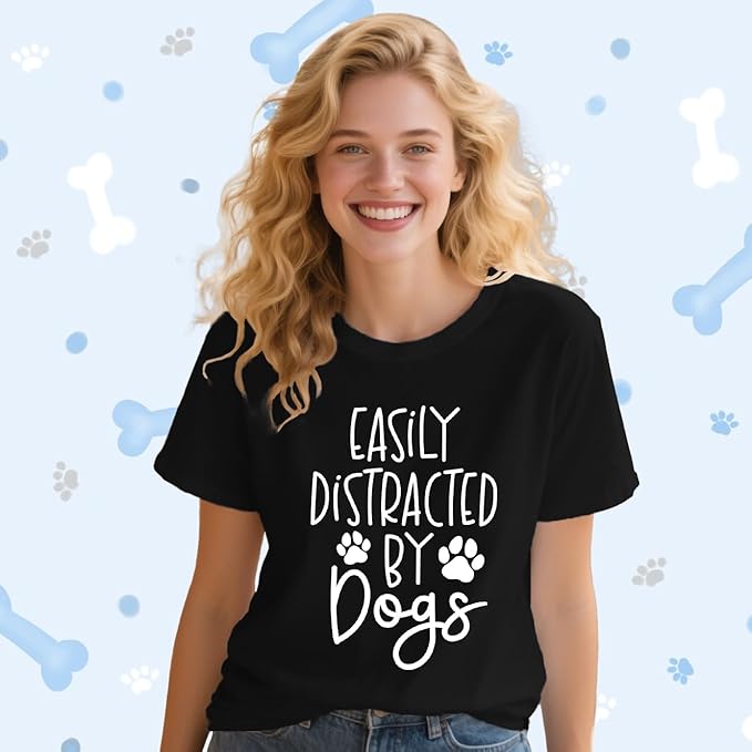 Women Dog Shirts Easily Distracted by Dogs T-Shirt Dog Mom Paw Print Tee Tops