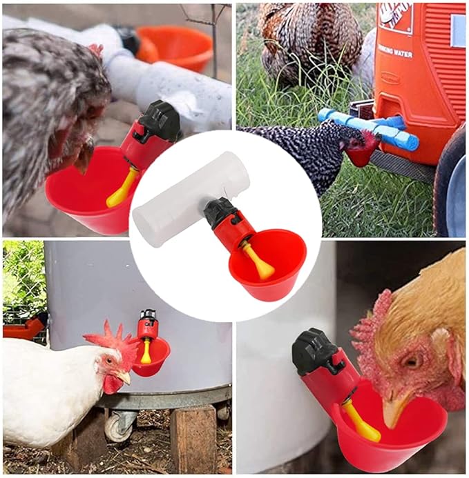 10 Pieces Automatic Poultry Drinking Cups, Chicken Water Feeder Chicken Waterer Drinking Cups and 10 Pieces Chicken Waterer PVC Tee Fittings for Chicken Quail Pigeon Duck