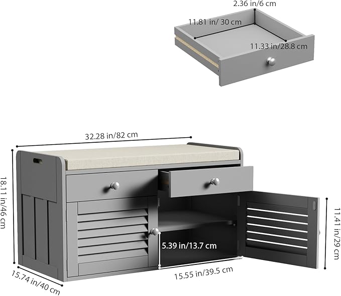 Shoe Storage Bench with 2 Drawers & 2 Doors, Entryway Bench with Cushion, 2 Adjustable Shelves, Shoe Cabinet for Entryway, Living Room, Hallway, Mudroom, Bedroom, Grey