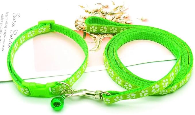 Puppy Collars Leash Set for Litter with Bell, Nylon Basic Reflective Cat Collar Paw Print for XXS Xs Small Dog Pet Animal Tiny Kitten Boy Girls, Bright Green