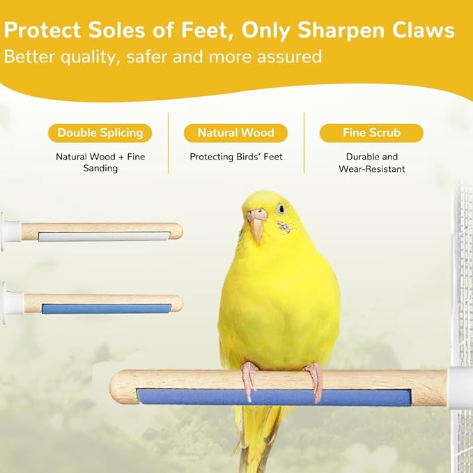 2-Pack Natural Wood Bird Perch with Foot Grinding, 7.8 Inch Bird Cage Accessories for Parakeets Cockatiel Lovebird Canary, Foot Health Training (Color Yellow & Pink)