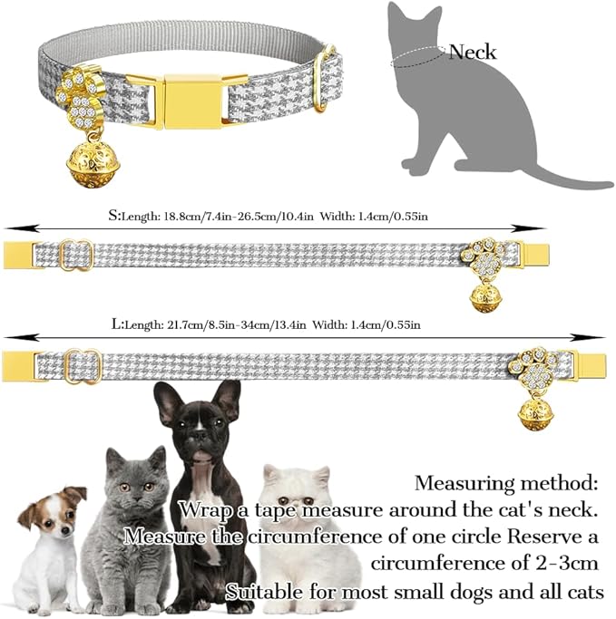 Personalized Breakaway Cat Collars - Magnetic Buckle, Bell - Safety Quick Release, Customized for Girls & Boys Cats- (Houndstooth-Grey)