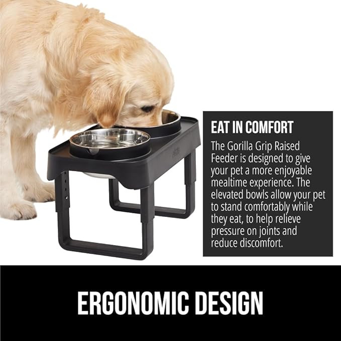 GORILLA GRIP Elevated Dog Bowls Stand, 6 Cup Stainless Steel Food Bowl Set of 2, 5 Height Adjustable Raised Feeding Station for Small Breed Puppy Dogs and Cats, Medium, Large Sized Pets Feeder, Black