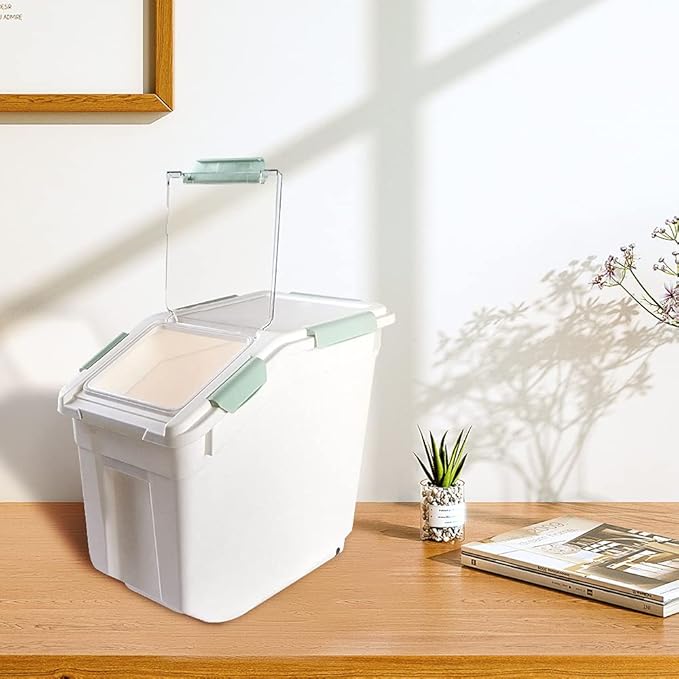 Saim Flour & Food Storage Container 25LB, Rice Dispenser & Dog Food Container with Lid, BPA Free Plastic with Measuring Cup for Rice, Flour, Dry Food Organization Cat Food Bin Bulk on wheels (Green)