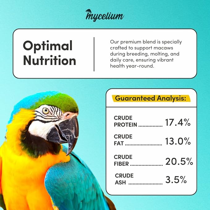 Mycelium Premium Macaw Food | High Protein & Fiber | Safe & Clean Pet Bird Food | Nut Seed Blend with Vitamins, Corn, Buckwheat, Sunflower, Peanuts & Whole Hemp Seed | Organic, Non-GMO 5 lb Bag