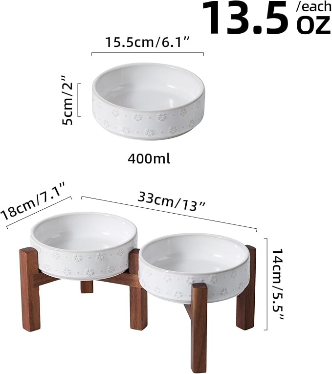 6.1inch Ceramic Raised Double Bowls Set with Acacia Wood Stand, 2 Heights Elevated, Food & Water Bowls for Toy Breed Dogs, Kitty, Cats, Pet Bowl(13.5OZ, Arctic White)