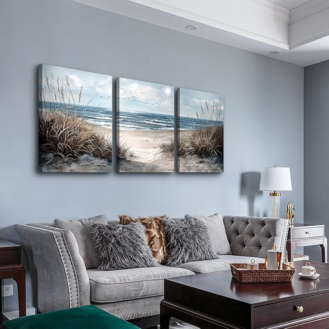 TTHYUEWS Canvas Wall Art For Living Room Wall Decor For Bedroom Modern Office Canvas Art Office Decor Blue Sea Beach Wall Paintings Prints Pictures Artwork Ready To Hang Home Decor 16" X 24"3 Piece