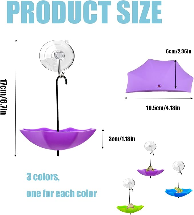 3 Pack Amphibian Aquatic Frogs Habitats, Tree Frog Terrarium Accessories, Plastic Umbrella Decorations with Suction Cups for Terrarium, Tree Frog, Toad, Tadpole