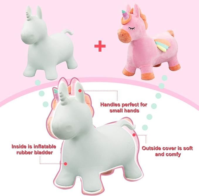 EVERICH TOY Bouncy Horse Unicorn Toys, Inflatable Bouncing Animal Hopping Toys, Outdoor Indoor Ride on Bouncer, Boys Girls Birthday Gift for 18 Month 2 3 4 5 6 Year Old Kid- Plush Unicorn Toy