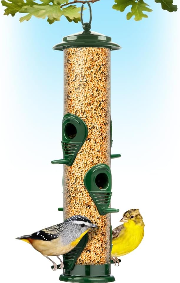 Bird Feeders for Outdoors (Green) Squirrel Proof Hanging Bird Feeder with Locking Lid & Adjustable Hanger, Chew-Proof, Weather Resistant 15 Inches 6 Port