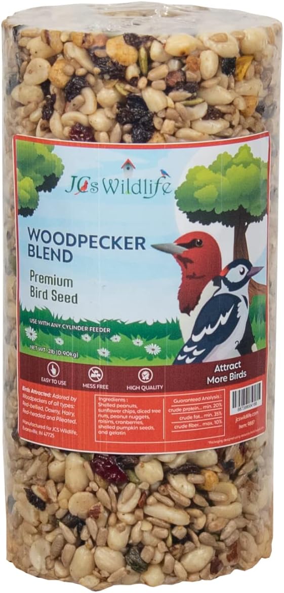 JCs Wildlife Woodpecker Blend Premium Bird Seed 2 lb Small Cylinder with Hole (2 Cylinders)