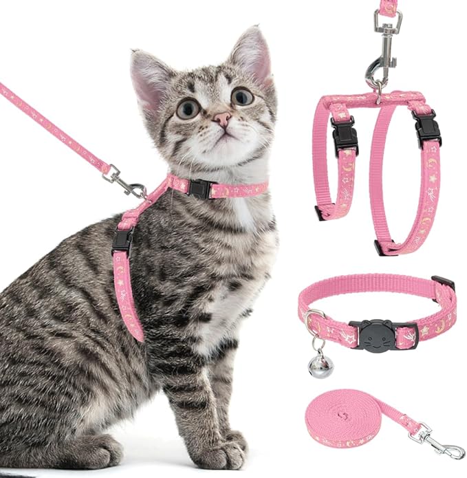 PAWCHIE Cat Harness with Leash and Collar Set - Escape Proof Adjustable H-shped Cat Harness with Star and Moon Pattern Glow in The Dark for Kitty Outdoor Walking