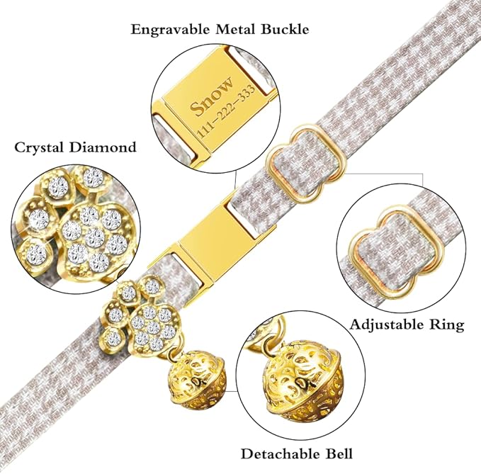 Personalized Breakaway Cat Collars - Magnetic Buckle, Bell - Safety Quick Release, Customized for Girls & Boys Cats- (Houndstooth-Khaki)