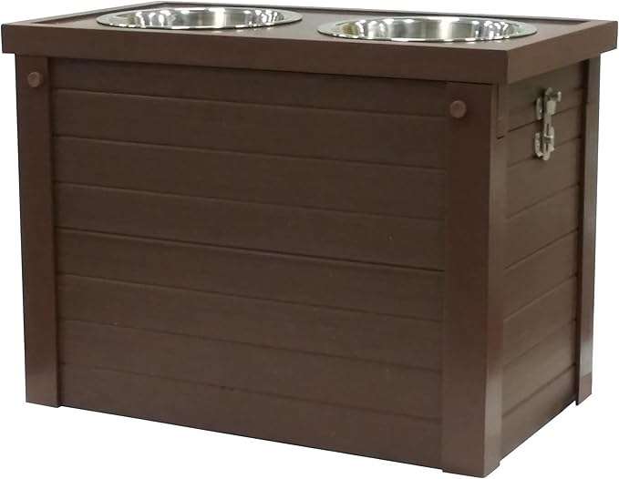 New Age Pet ECOFLEX Piedmont Elevated Dog Feeder, Sliding Lid Storage, Includes two 32oz Stainless Steel Bowls Easy Clean, 10 Year Warranty, Brown