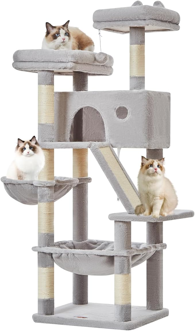 Taoqimiao Cat Tree 57.5-Inch, Cat Tower for Indoor Cats Large Adult, Extra Large Cat Condo, 8 Sisal Scratching Posts, Metal Frame Cozy Hammock, Durable Scratch Board, 2 Top Perches, Light Gray MS026W