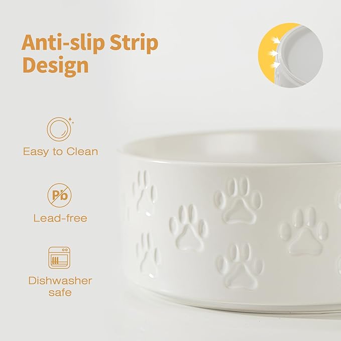 Ceramic Dog Bowl Set, 6.1" Dog Bowls with Anti-Slip Rings for Small Breed Dogs, 3.5 Cup Food and Water Bowls, Pet Dishes for Small-Sized Dogs, Microwave Safe (Double Bowls - White, 6 inch)