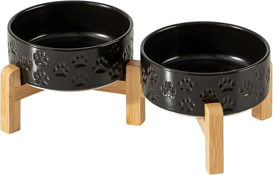 Elevated Ceramic Dog Bowl Set, 5.1" Dog Bowls with Dual Fixed Heights Stand, 1.6 Cup Food & Water Bowls for Toy Breed, Adult Cat, Small-Breed Puppy (Double Bowls + Stand - Black, 5.1 inch)