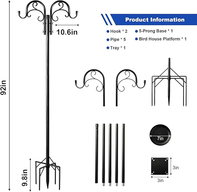 Double Shepherds Hooks for Outdoor Heavy Duty, Adjustable Shepherds Hook, 2 Pack 92 inch with 5 Prongs Base, Garden Hooks for Hanging Bird Feeders, Hanging Plants, Solar Light Lantern