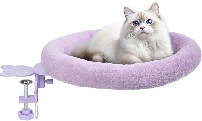 Rotating Cat Desk Bed - 40 LBS Chair-Side Cat Sleeping Basket with Bed for Desk, 360° Swivel & Removable Washable Cushion for Office Comfort(Purple