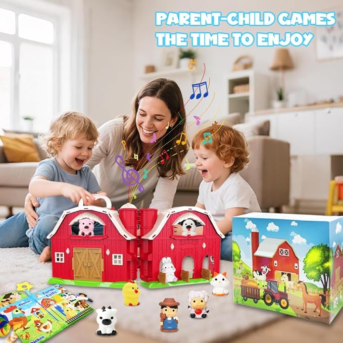 Musical Red Barn Farm Animal Toys with Tails Baby Book, Educational Preschool Farm Animals Finger Puppet for Toddlers 1-3, Montessori Learning Toys Christmas Birthday Gift for Boys Girls 12-18 Months
