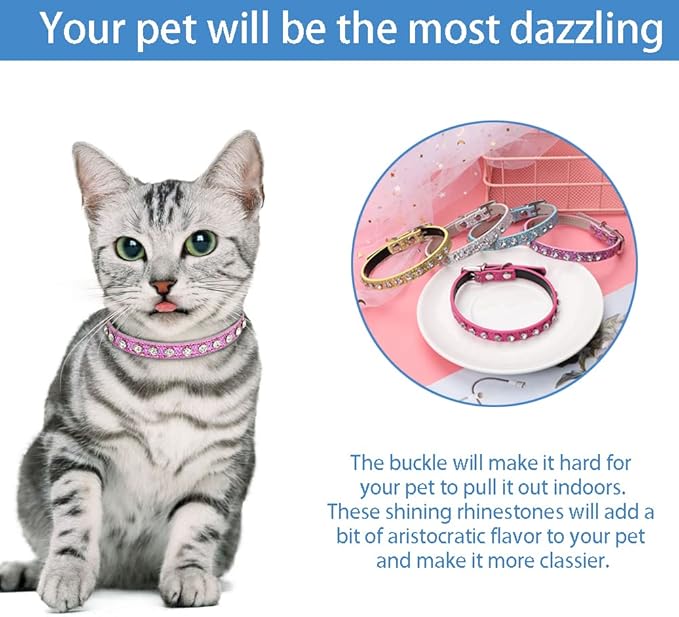 2 Pack Cat Collar Rhinestone Bling Cute Cat Collars Accessories for Pet Collars Adjustable Ideal for Girl Cats Male Cats(Blue Pink)