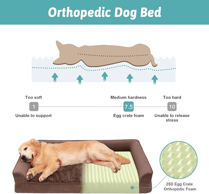 Orthopedic Dog Bed for Large Dog, Pet Couch for Medium Dog Cat, Big Supportive Foam Bolster Sofa with Waterproof Lining Cover, Anti-Slip, Comfort, Washable, 36x27x7.5 in, U Shape, Brown