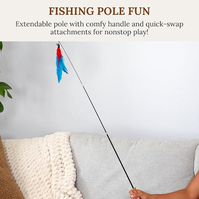Cat Toys Set Cat Fishing Pole Retractable Wand Suction Cup & Hanging Teaser Wand for Indoor Cats & Kittens Feather Attachments Ribbon
