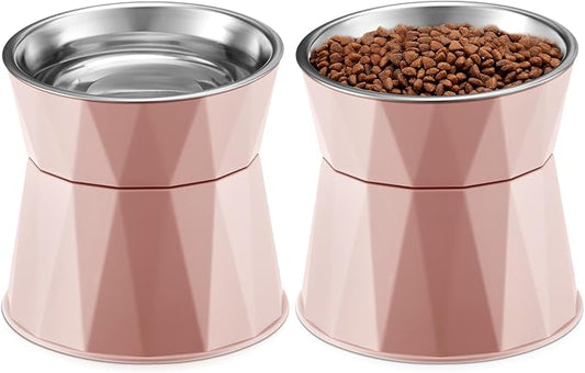 Lallisa 2 Pcs Elevated Cat Bowls Adjustable Raised Cat Feeder Non Slip Food Water with Stand Safe Stainless Steel Bowls with Pet Food Stand for Pets Feeding Eating(Pink)