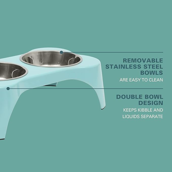 Gibson Home Bow Wow Meow 3-Piece Elevated Dog Bowl Set – Bone-Shaped Raised Feeder with 2 Stainless Steel Bowls for Medium to Large Dogs, Non-Slip, Easy to Clean, Teal