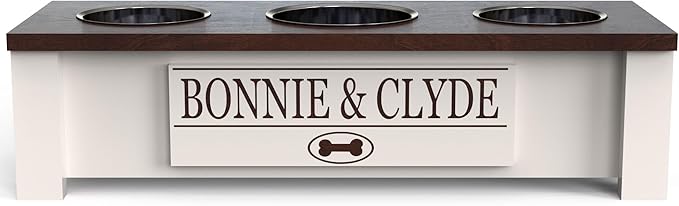 GrooveThis Woodshop - Personalized Elevated Triple Dog Bowl Stand for Large, Medium, Small, X-Small Dogs - 3 Stainless Steel Food and Water Bowls - Raised Dog Dish with Internal Storage (Small, Brown)