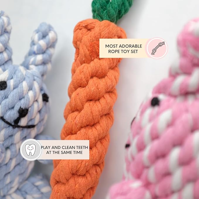 HILLBERRY Dog Rope Chew Toy Cotton Pink and Blue Rabbits and Carrot Bundle Set for Teething Puppy, Small, Miniature and Toy Breed Cute Pet Play Essentials