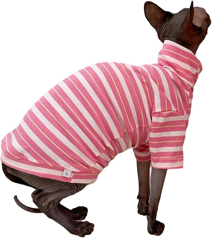 Vintage Stripes Sphynx Hairless Cats Shirt Cotton Cat Turtleneck Pet Clothes Kitten T-Shirts with Sleeves for Sphynx Cats (Sakura, Medium)