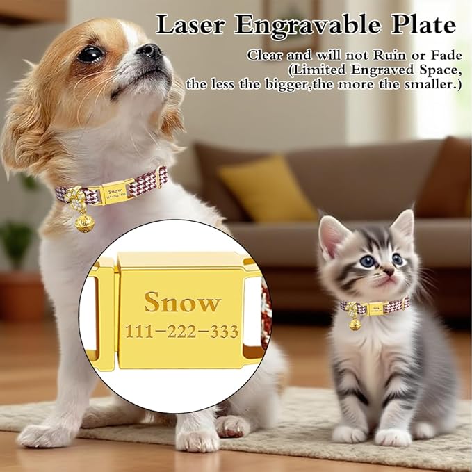 Personalized Breakaway Cat Collars - Magnetic Buckle, Bell - Safety Quick Release, Customized for Girls & Boys Cats- (Houndstooth-Burgundy)