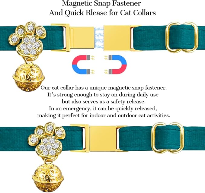 Personalized Breakaway Cat Collars - Magnetic Buckle, Bell - Safety Quick Release, Customized for Girls & Boys Cats- (Velvet-Green)