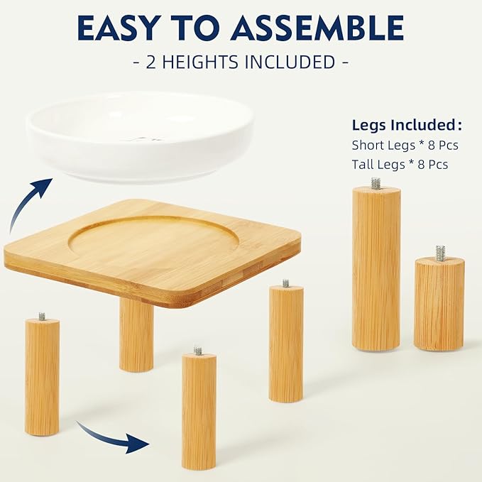 Elevated Cat Bowls for Indoor Cats – Raised Bamboo Cat Bowl Stand with 5.75 Inch Wide Ceramic Dishes, Pet Food Plate Table for Easy Feeding, Whisker Friendly (White,Set of 2)