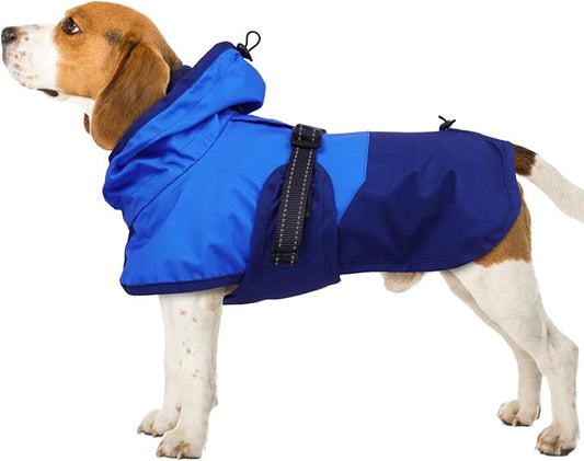 BRKURLEG Dog Raincoat Adjustable Dog Rain Jacket with Hood Dogs Waterproof Rainproof Jacket with Leash Hole Pet Poncho Rain Coat Poncho with Reflective Strip, Blue, XL