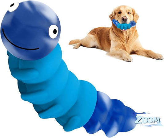 Caterpillar Dog Chew Toys for Aggressive Chewers, Tough Indestructible Squeaky Dog Toy with Beef Flavor Nylon Rubber for Large Medium Dogs to Keep Them Busy and Reduce Boredom (Blue)
