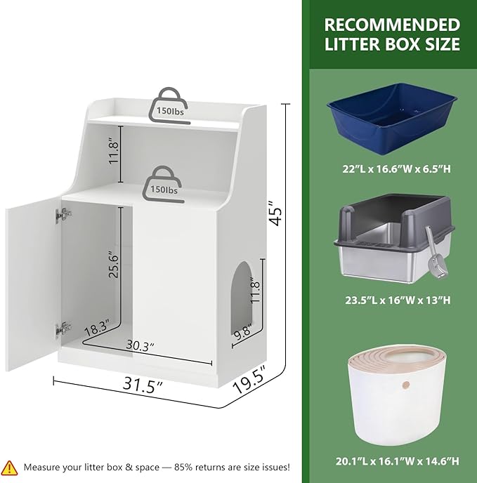 Large/Tall Litter Box Enclosure, Modern Wooden Litter Box Furniture for XL Litterbox with Open Shelf as Sideboard Cabinet (White)