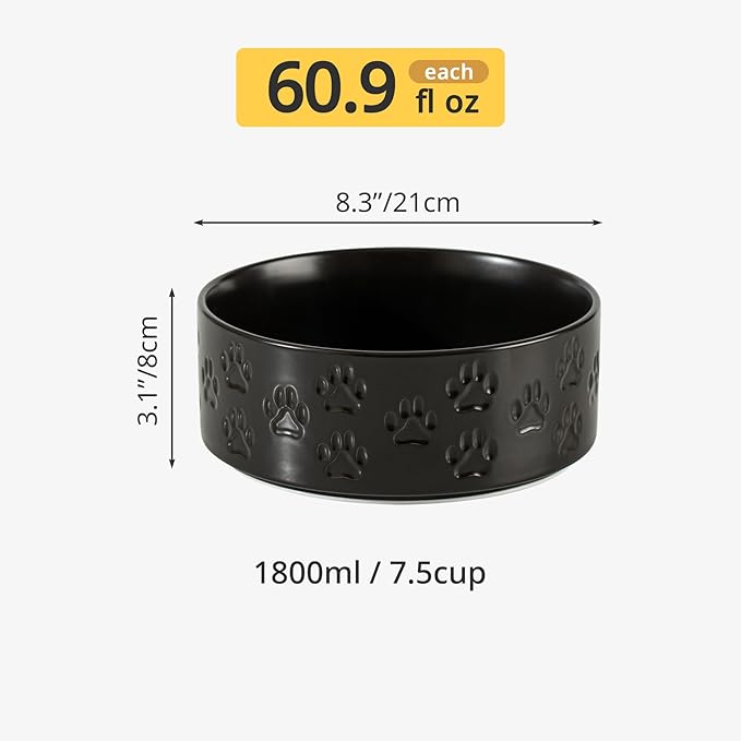 Ceramic Dog Bowl Set, 8" Food and Water Bowls with Anti-Slip Rings for Large Breed Dogs, 7.5 Cup Pet Dishes for Large-Sized Dogs, Dishwasher Safe (Double Bowls - Black, 8 inch)