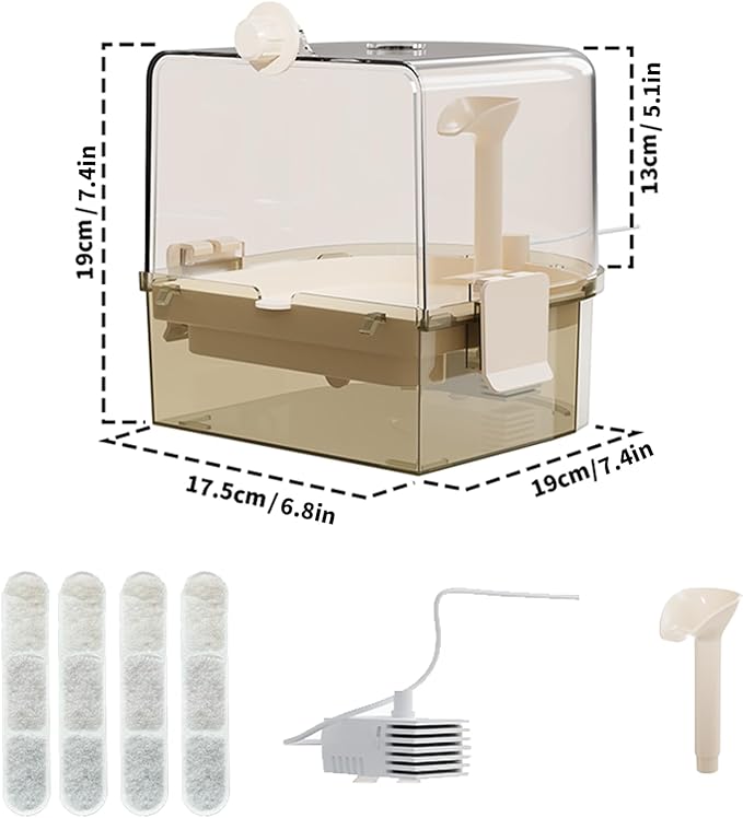 Automatic Bird Baths for Cage – Indoor Parakeet Bath with Pump, Bird Shower with 2 Modes Running Water, Bird Cage Accessory for Pet Birds Conure Budgies Cockatiels Lovebird (Light Brown)