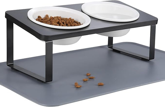 Elevated Whisker Friendly Cat Bowls, 15 Tilted Stand Anti Vomiting Raised Dishes for Food and Water,2 Ceramic Bowls for Cats and Puppy,Black