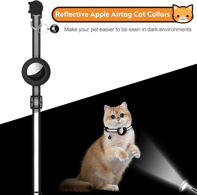 2 Pack Airtag Cat Collar with Bell, Reflective Nylon Kitten Collar with Apple Air Tag Holder and Breakaway Safety Buckle for Puppy Girl Boy Cats, 3/8" in Width and Lightweight, Black/Orange