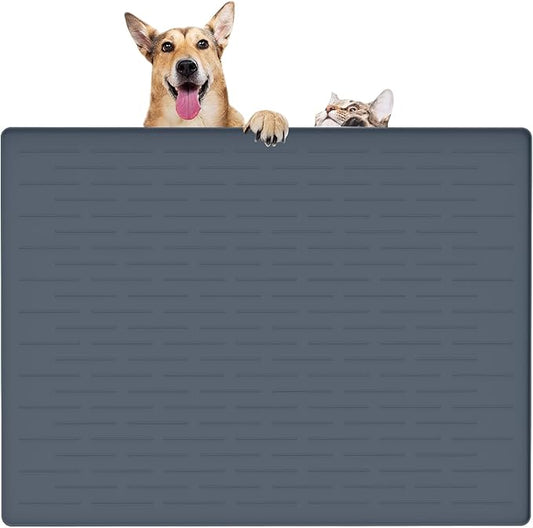 32" x 24" Large Pet Food Mat, Silicone Dog Mats for Food and Water, Nonslip Pet Feeding Mats for Floors,Dog Cat Bowl Mat with Raised Edges, Gray Blue