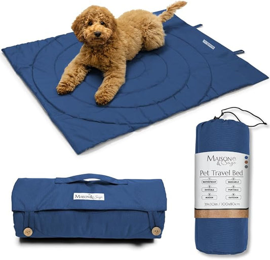Portable Dog Mat - Waterproof & Foldable Pet Bed - Ideal for Indoor, Outdoor, Cafes, Travel, Camping, Grooming & Training - 39"x30" - Includes Carry Bag - Durable, Washable & Lightweight - Blue