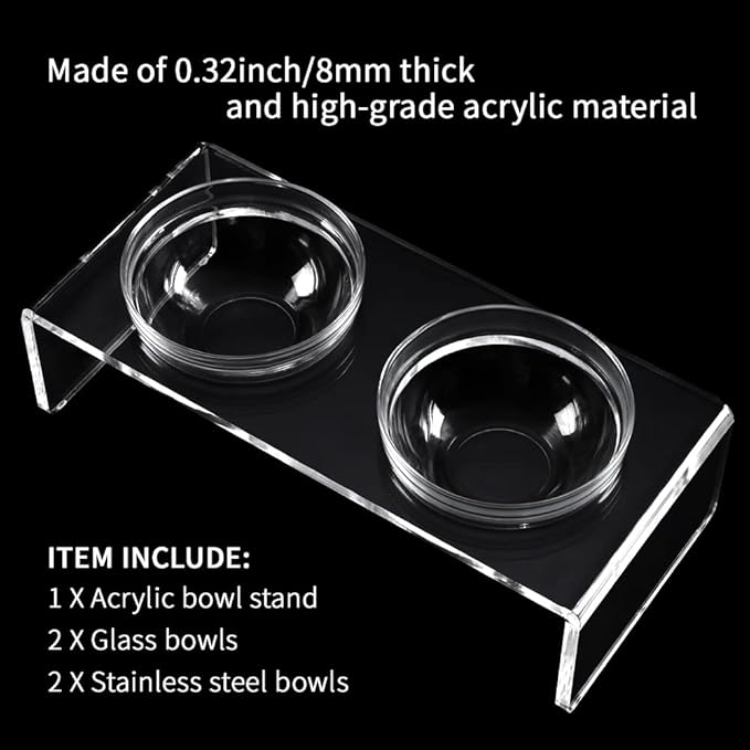 Acrylic Elevated Dog Cat Bowls Pet Feeder Double Bowl Raised Stand Comes with 2 Removable Glass Bowls and 2 Stainless Steel Bowls.Perfect for Cats Puppies Small Dogs