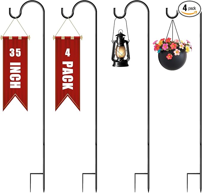 Shepherds Hooks for Outdoor 35Inch Garden Bird Feeder Pole with 2 Prongs Base for Hanging Flower Basket Plant Pot Solar Lantern Light Wind Chime Hanger for Wedding Decor 4 Pack