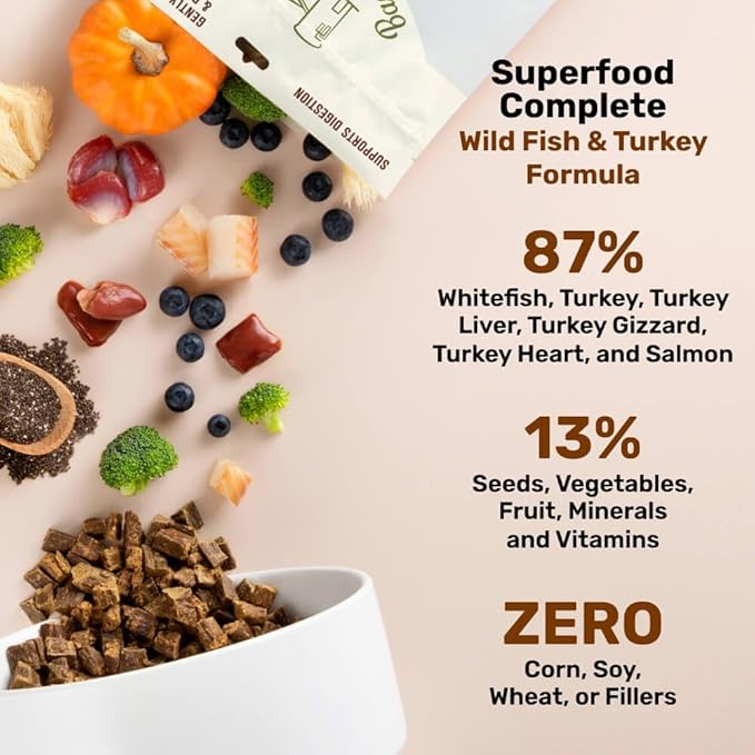 BADLANDS RANCH- Superfood Complete, Air-Dried Adult Dog Food - High Protein, Zero Fillers, Superfood Nutrition by Katherine Heigl (24 oz. Wild Fish and Turkey Formula)