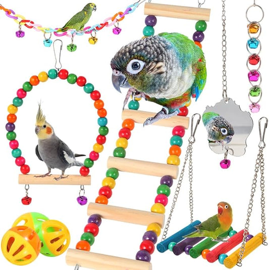 Bird Toys for Parakeets, Parrots, Conures, Cockatiels, Love Birds, Finches, Mynah, Budgerigar - 9Pcs Wooden Ladder Bridge, Swing, Hammock, Cage Accessories