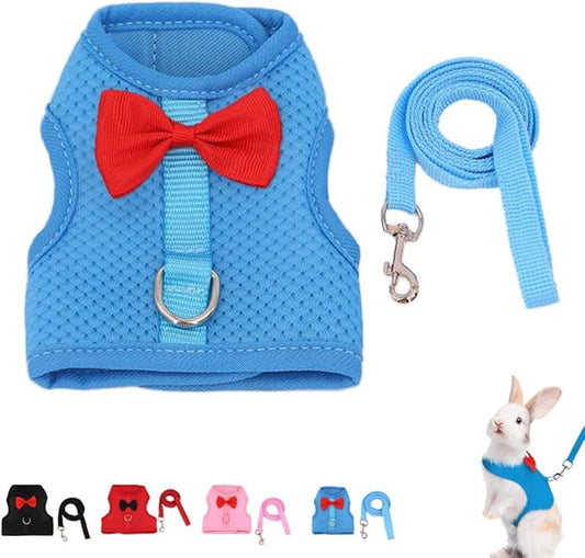 Rabbit Leash and Harness Set for Walking Escape Proof,Mesh Breathable Adjustable Bunny Leash Camping Hiking Training for Ferret Kitten Puppy Blue L (Chest:13.3-14.5")