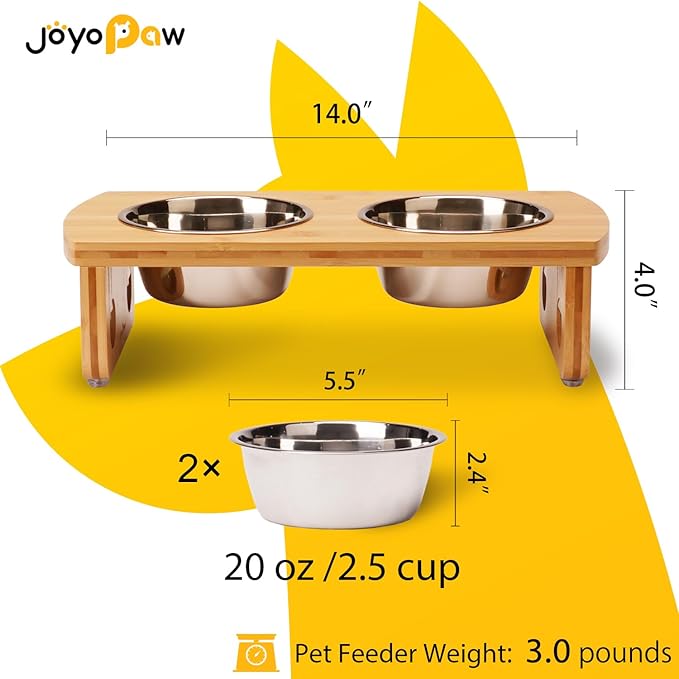 Elevated Dog Bowls, Bamboo Raised Dog Bowl for Small Dogs & Cats, with 2 Stainless Steel Bowls (4'' Tall-20oz Bowl, Natural)